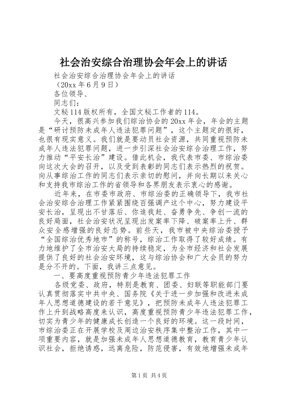 社会治安综合治理协会年会上的讲话发言_第1页