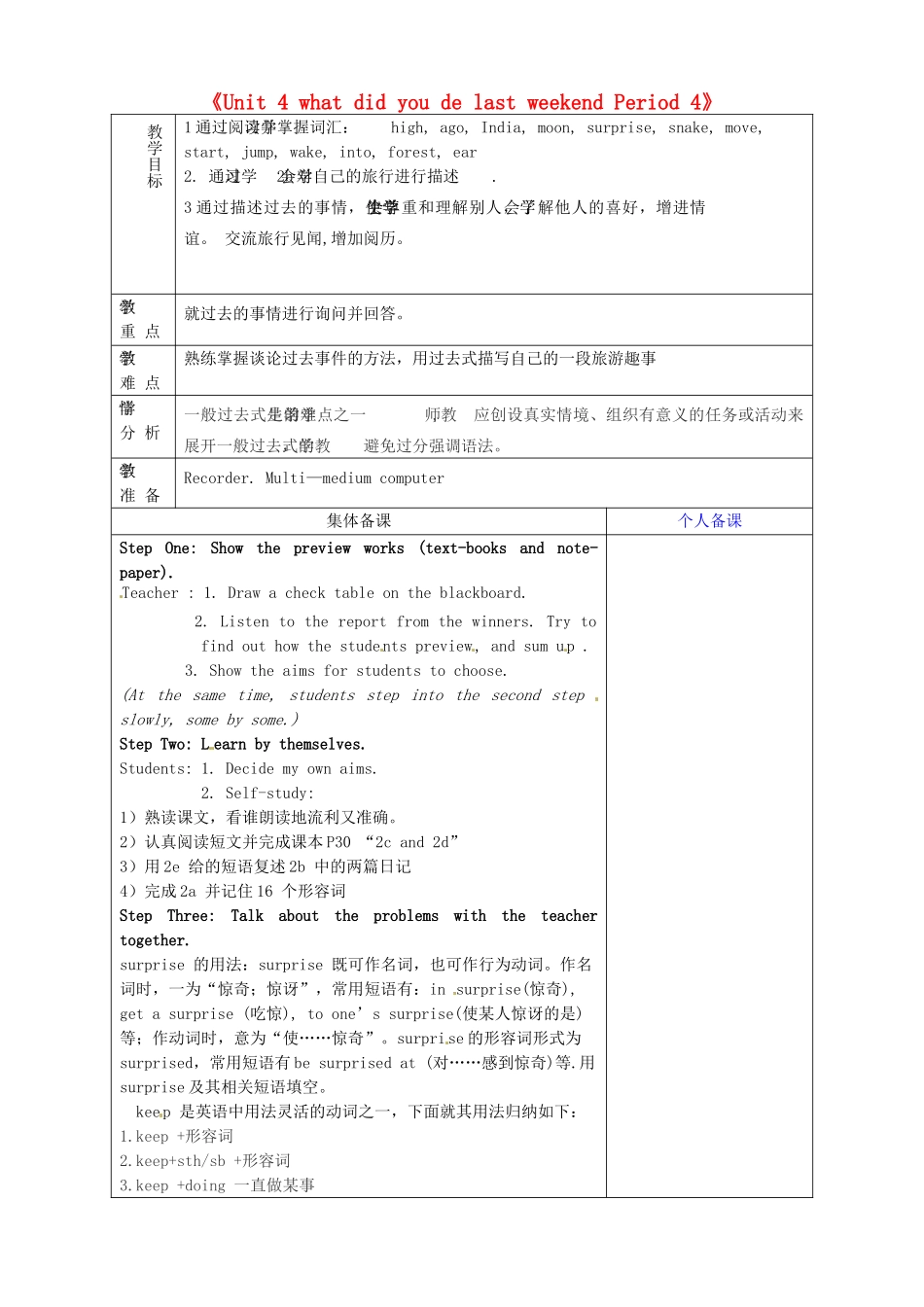 七年级英语上册《Unit 4 what did you de last weekend Period 4》教案 鲁教版五四制-鲁教版五四制初中七年级上册英语教案_第1页