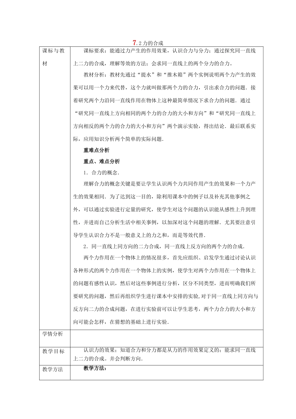 八年级物理全册 第七章 第2节《力的合成》教案 （新版）沪科版-（新版）沪科版初中八年级全册物理教案_第1页