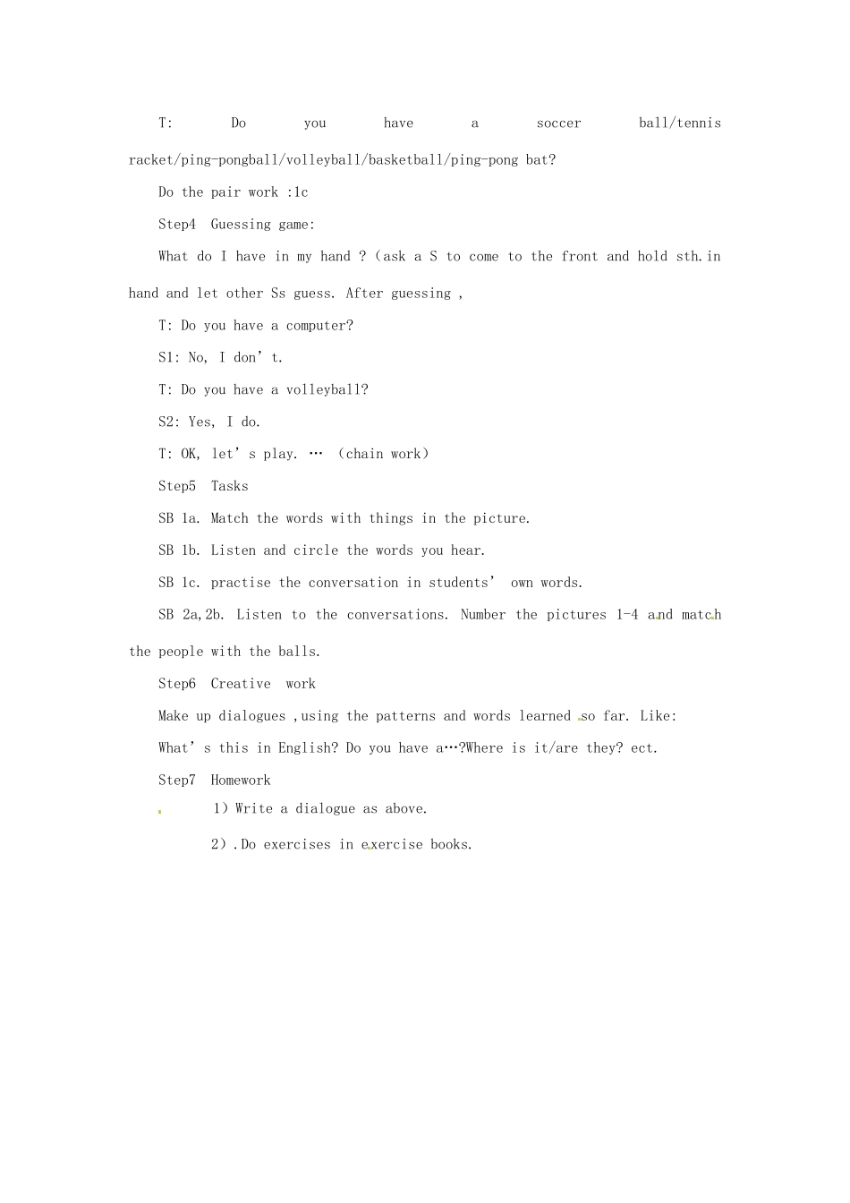 七年级英语上册 Unit 5 Do you have a soccer ball（第一课时）教案 人教新目标版_第2页