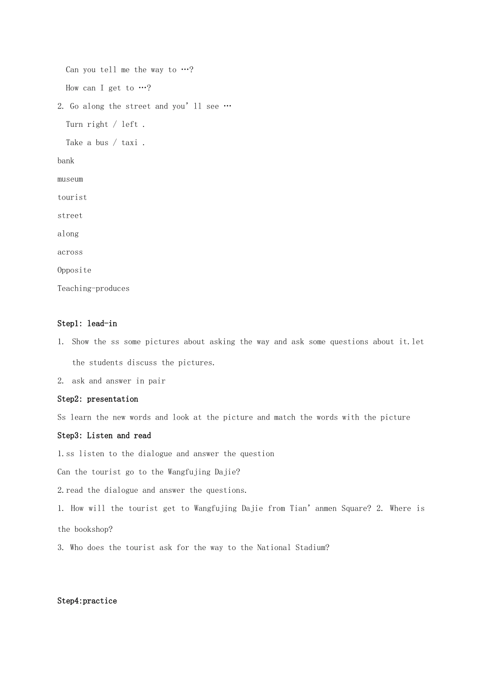 天津市宝坻区新安镇七年级英语下册 Module 6 Around town Unit 1 Could you tell me how to get to the National Stadium教案 （新版）外研版-（新版）外研版初中七年级下册英语教案_第2页