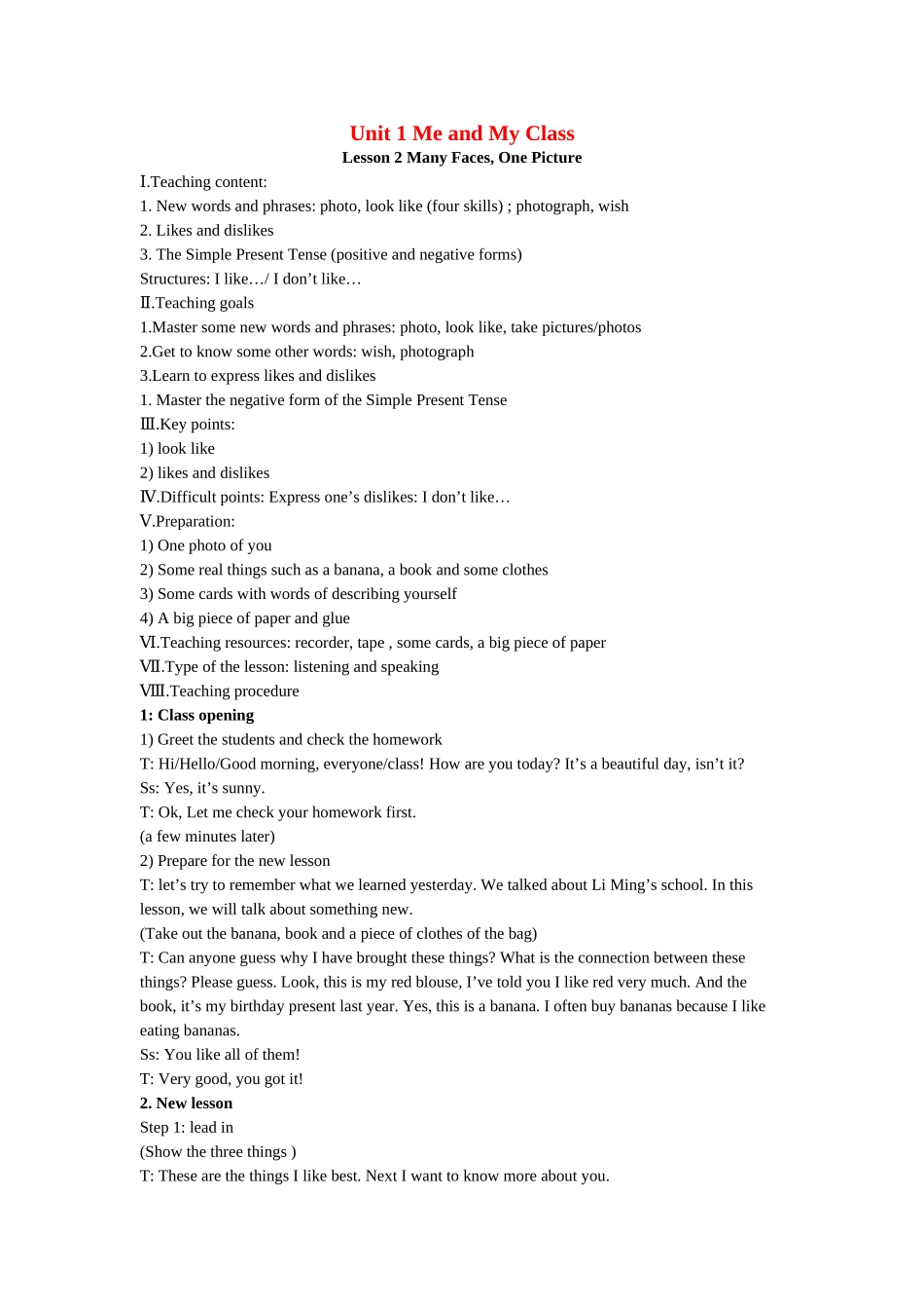 八年级英语上册：Unit 1 Lesson 2 Many Faces,One Picture教案（冀教版）_第1页