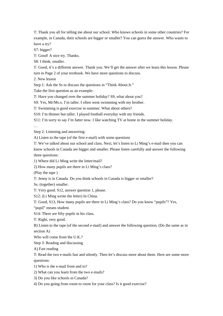 八年级英语上册 Unit 1 Me and My Class全单元教案 冀教版_第2页