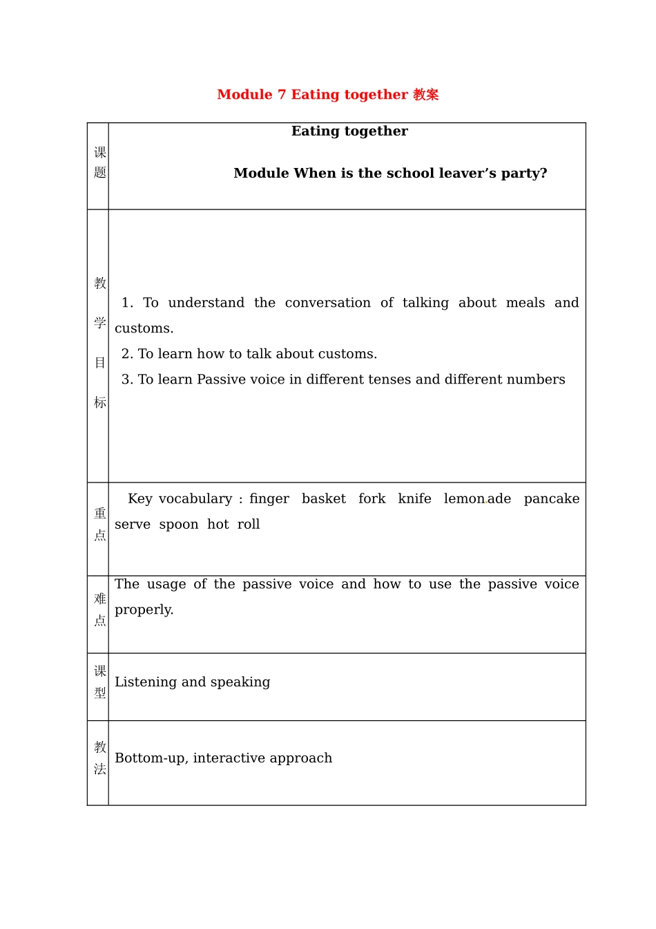 九年级英语下册 Module7 Eating together综合教案 外研版_第1页