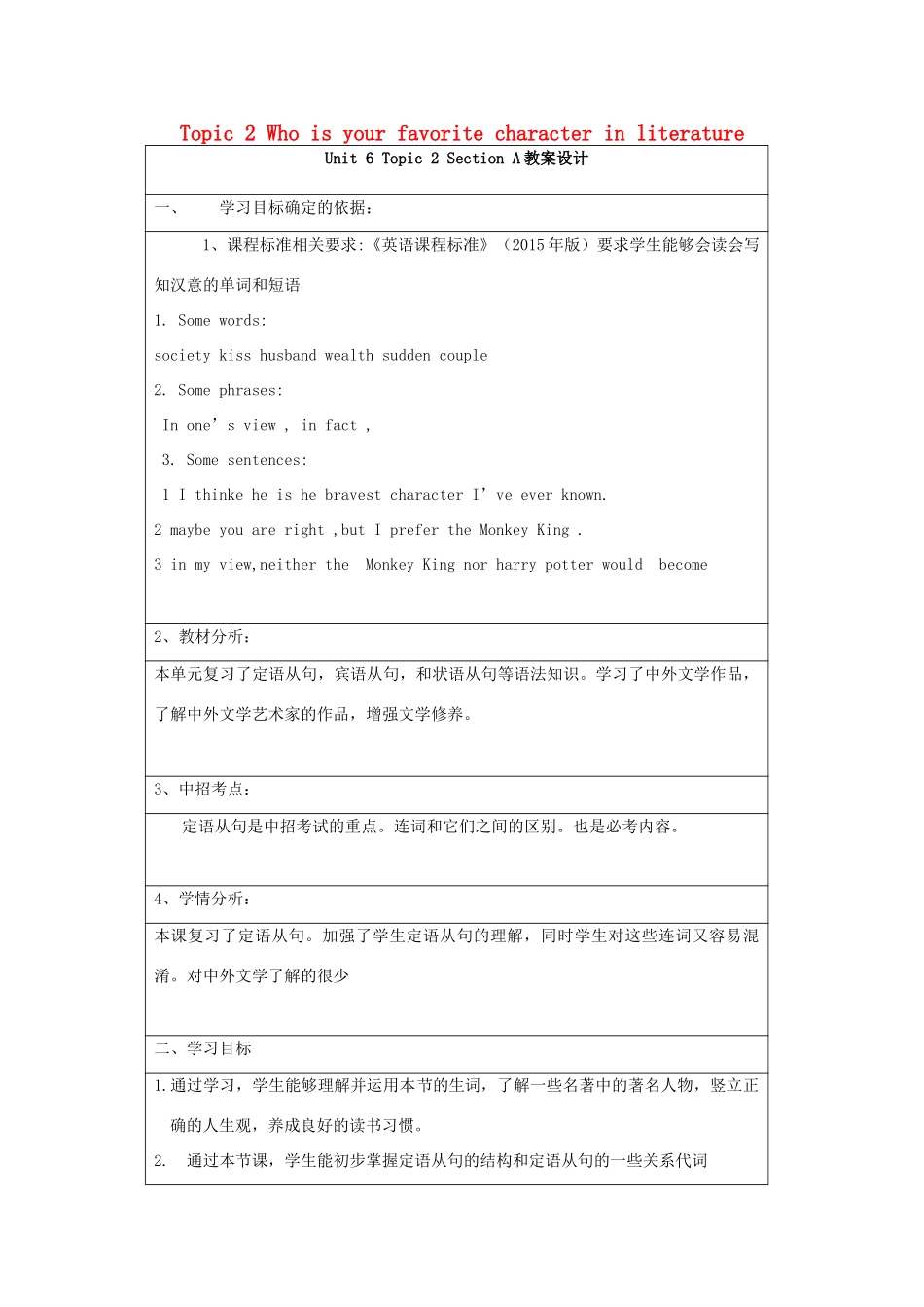九年级英语下册 Unit 6 Entertainment and Friendship Topic 2 Who is your favorite character in literature Section A教案1 （新版）仁爱版-（新版）仁爱版初中九年级下册英语教案_第1页