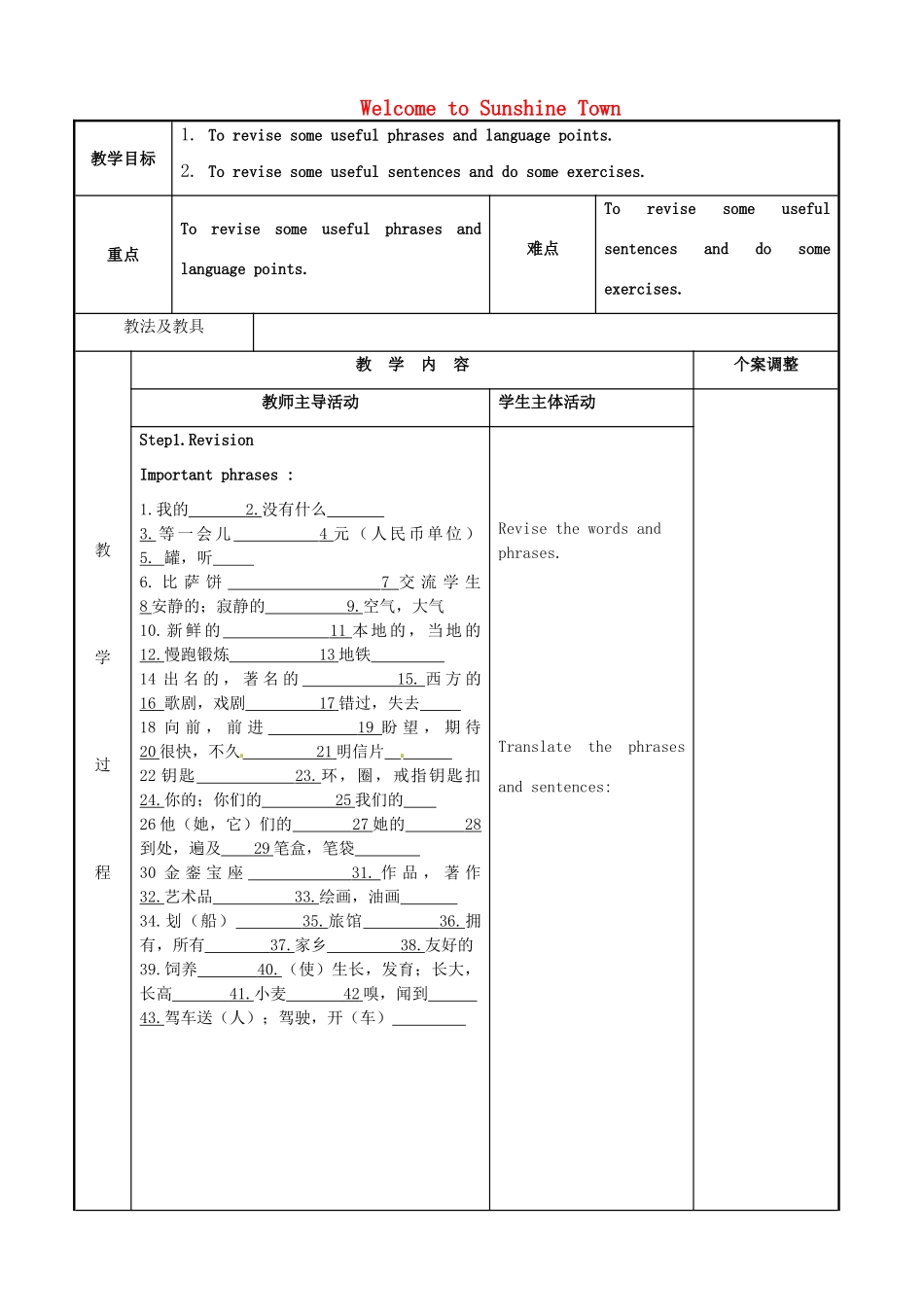 七年级英语下册 Unit 3 Welcome to Sunshine Town复习教案1 （新版）牛津版-（新版）牛津版初中七年级下册英语教案_第1页