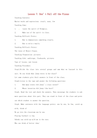 九年级英语上册 Lesson 7Don’t Fall off the Pizzas英文教案 冀教版