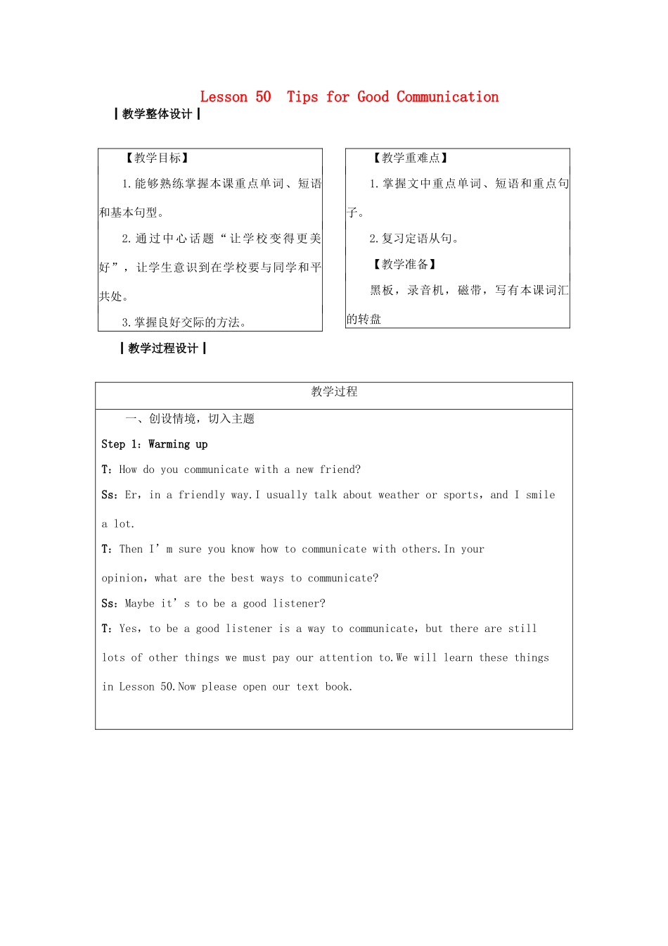 九年级英语下册 Unit 9 Communication Lesson 50 Tips for Good Communication教案 （新版）冀教版-（新版）冀教版初中九年级下册英语教案_第1页