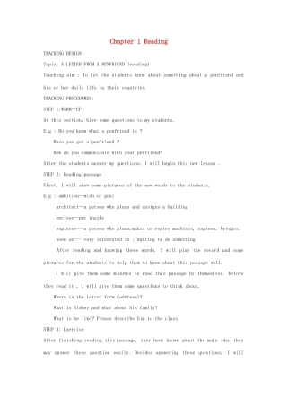 八年级英语上：Chapter 1 Reading教案沈阳牛津版