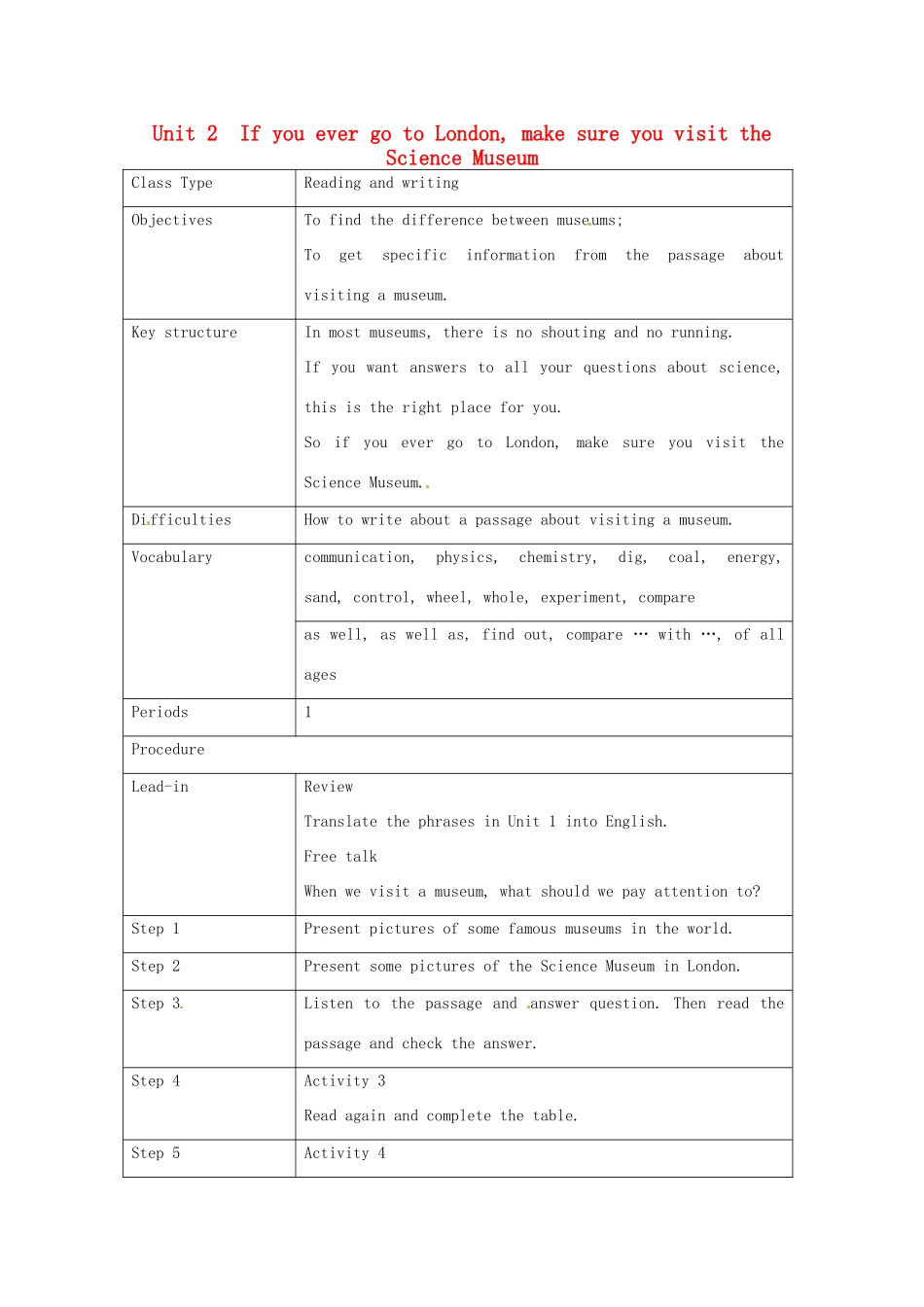 九年级英语上册《Module 5 Museums Unit 2 If you ever go to London, make sure you visit the Science Museum》教案 （新版）外研版-（新版）外研版初中九年级上册英语教案_第1页