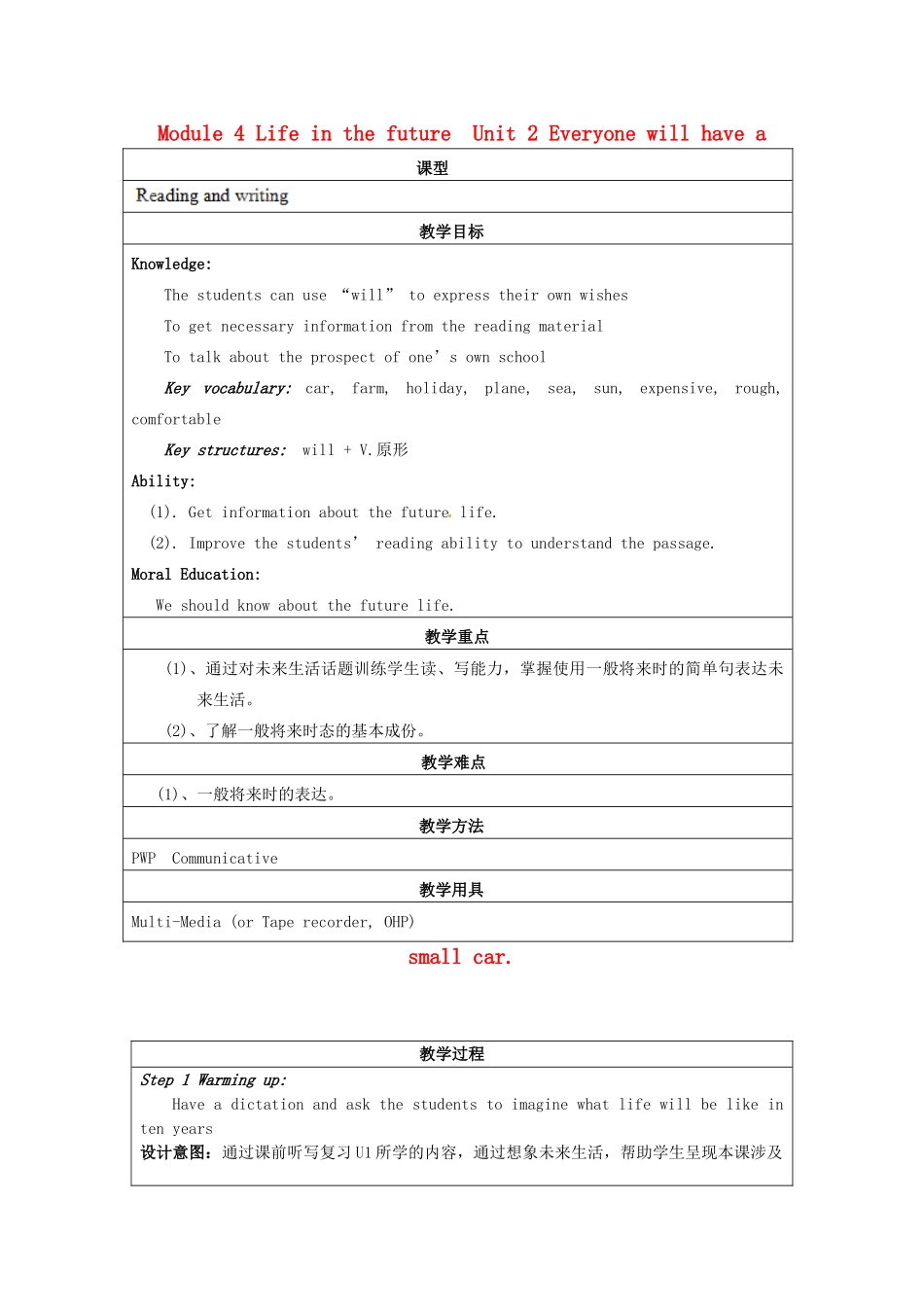 天津市佳春中学七年级英语下册 Module 4 Life in the future《Unit 2 Everyone will have a small car.》教案 外研版_第1页