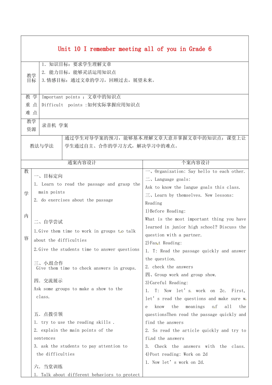 九年级英语全册 Unit 10 I remember meeting all of you in Grade 6教案5 （新版）鲁教版五四制-鲁教版五四制初中九年级全册英语教案_第1页