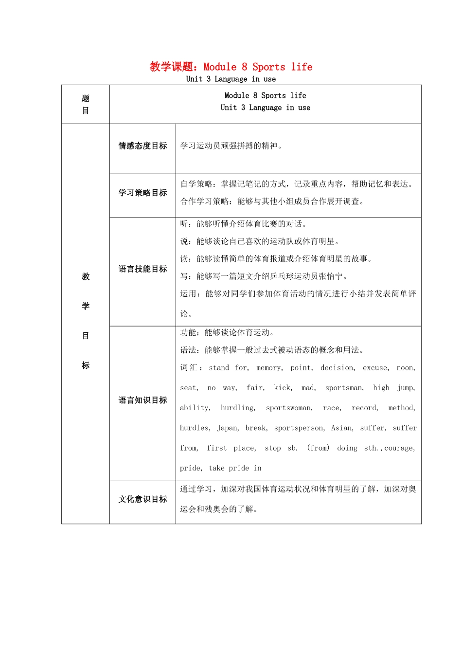 学年九年级英语上册 Module 8 Sports life Unit 3 Language in use教案 （新版）外研版-（新版）外研版初中九年级上册英语教案_第1页
