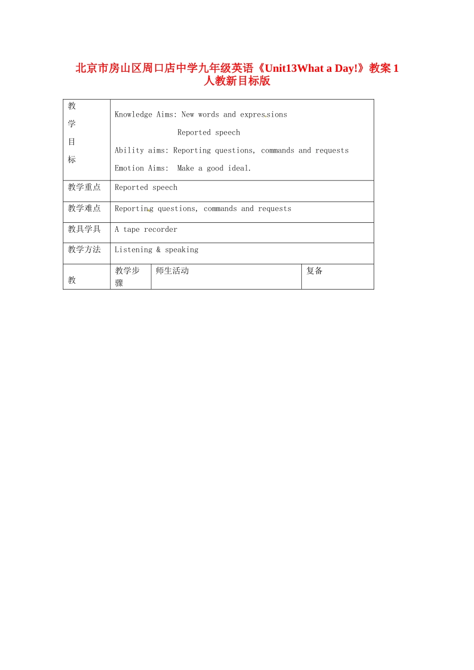北京市房山区周口店中学九年级英语《Unit13What a Day!》教案1 人教新目标版_第1页