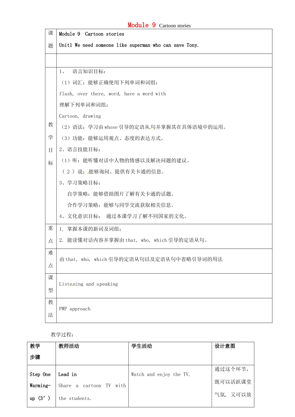 九年级英语上册 Modue 9 Unit 1 We need someone like Superman who can save Tony教案 外研版-外研版初中九年级上册英语教案_第1页