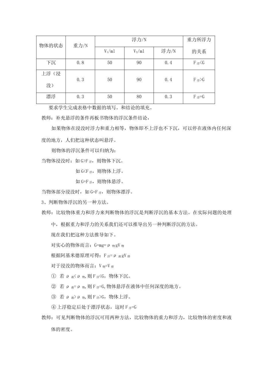 八年级物理下册 第十章 压强和浮力 五 物体的浮与沉教案 （新版）苏科版-（新版）苏科版初中八年级下册物理教案_第3页