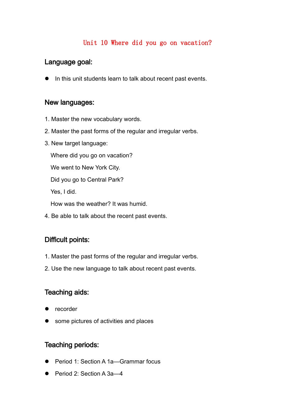 七年级英语 Unit 10  教案人教新课标版 _第1页