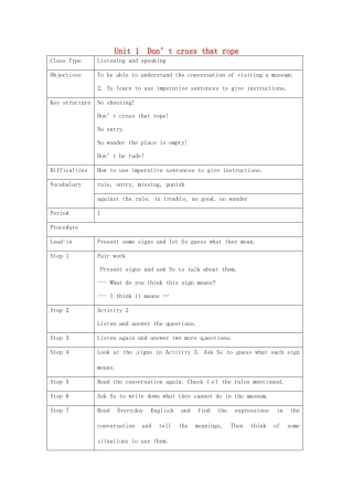 九年级英语上册《Module 5 Museums Unit 1 Don’t cross that rope》教案 （新版）外研版-（新版）外研版初中九年级上册英语教案