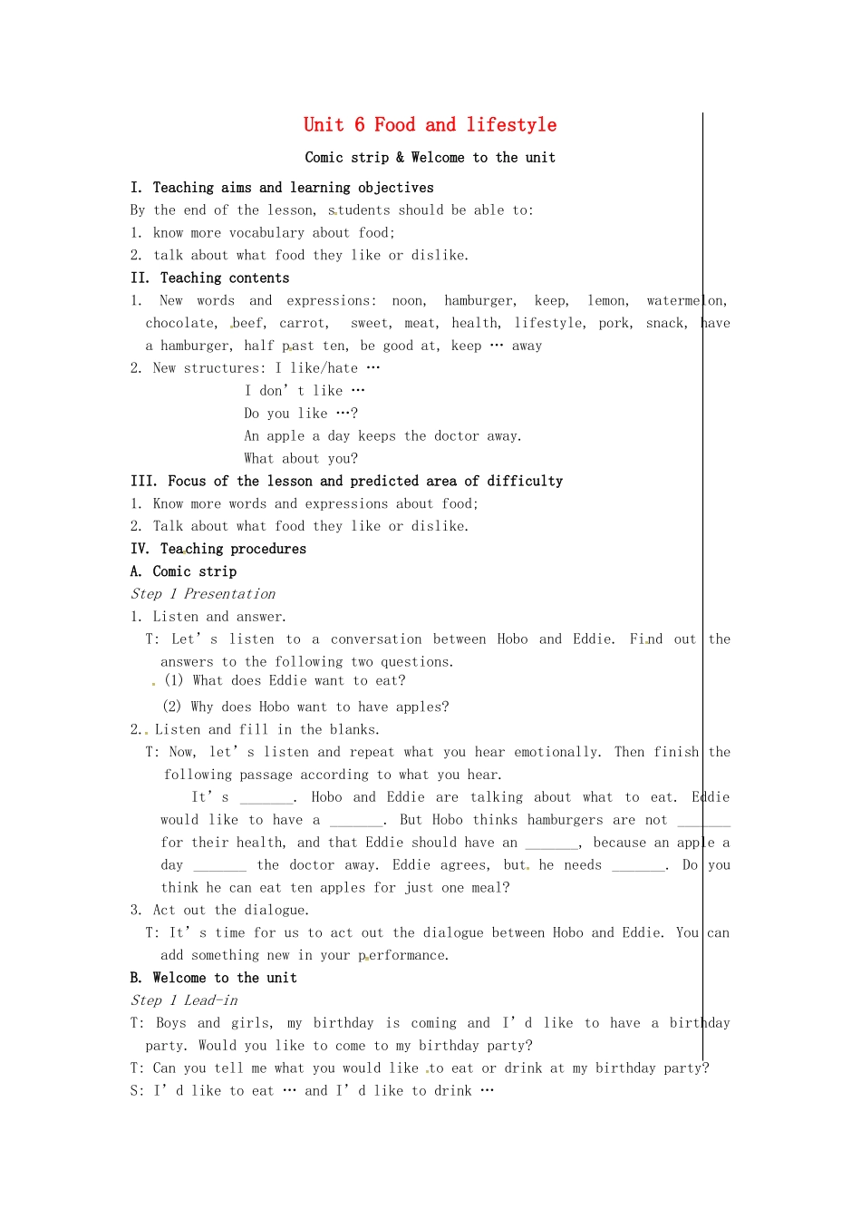 七年级英语上册 Unit 6 Food and lifestyle（第1课时）教案 （新版）牛津版-（新版）牛津版初中七年级上册英语教案_第1页