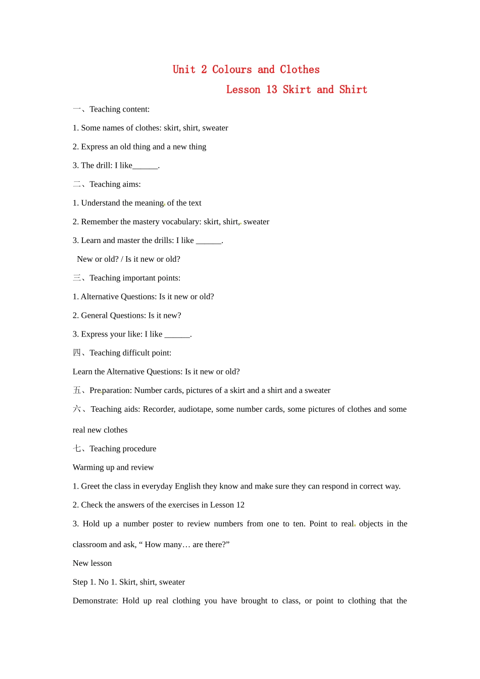 七年级英语上册 Unit 2 Lesson 13 Skirt and Shirt-Lesson14 Dress and Hat教案 冀教版_第1页