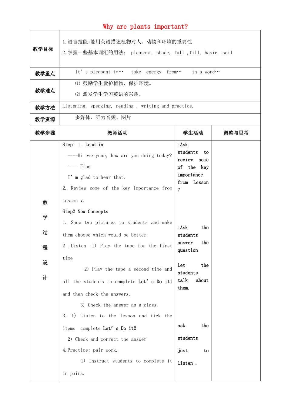 八年级英语下册 Unit 2 Plant a Plant Lesson 8 Why Are Plants Important教案 （新版）冀教版-（新版）冀教版初中八年级下册英语教案_第1页