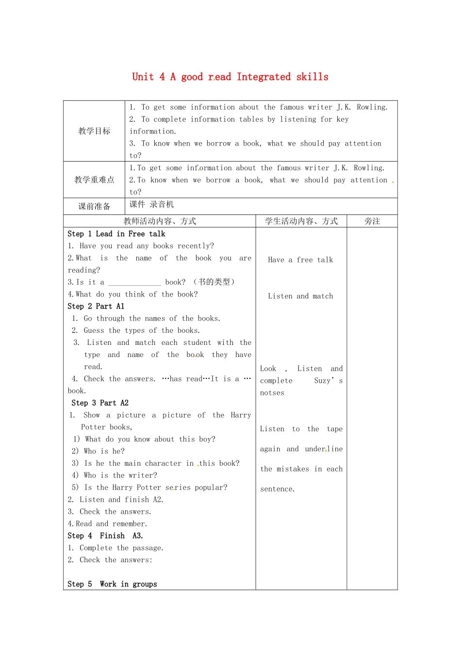 八年级英语下册 Unit 4 A good read Integrated skills教案 （新版）牛津版-（新版）牛津版初中八年级下册英语教案_第1页