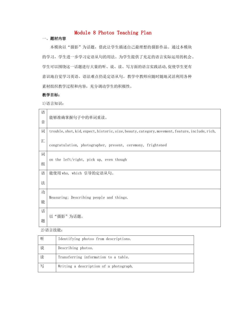 九年级英语上：Module 8 Photos全模块教案（外研版）_第1页