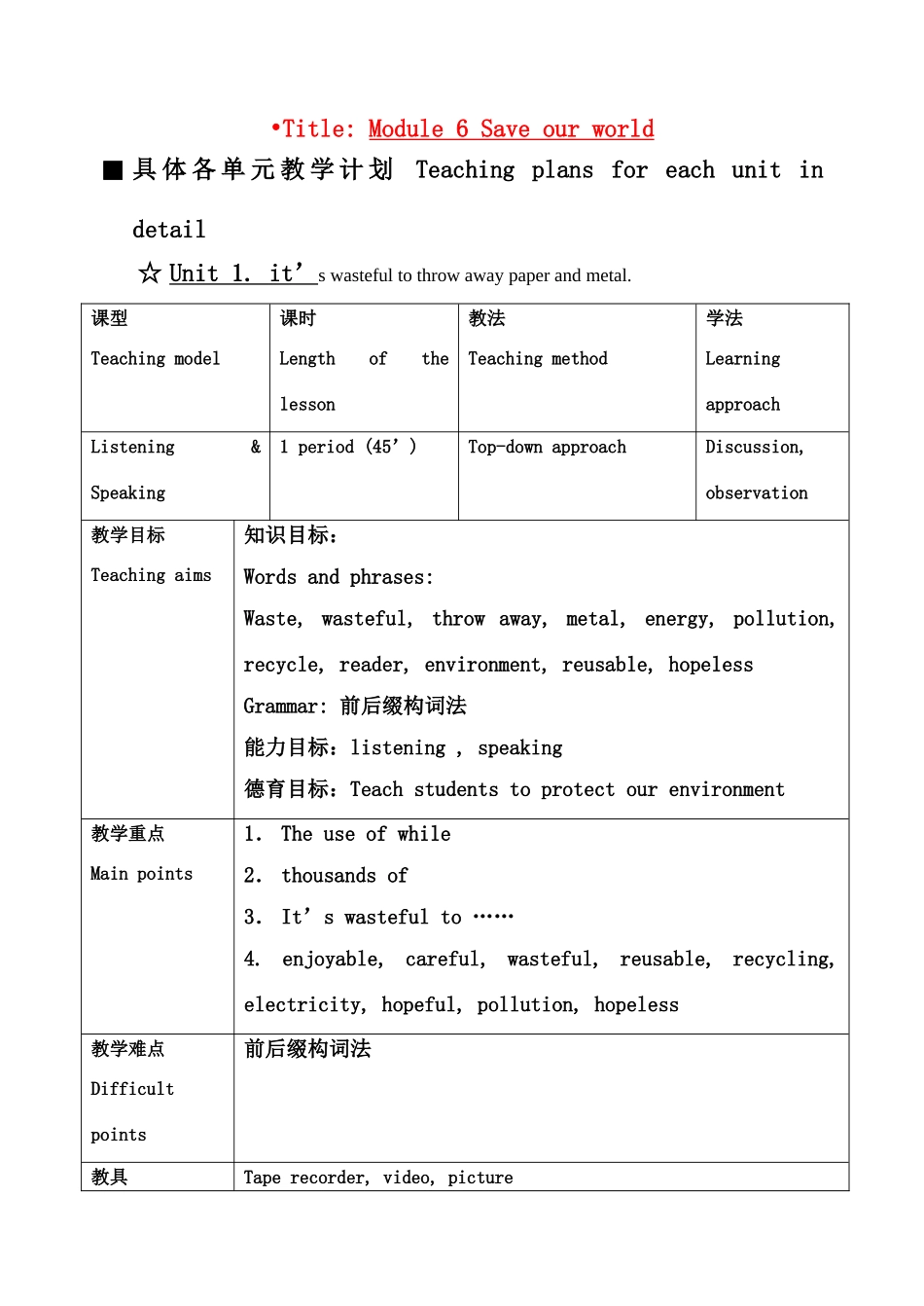 九年级英语上册 Module 6 Save our world  教学设计 外研版_第1页