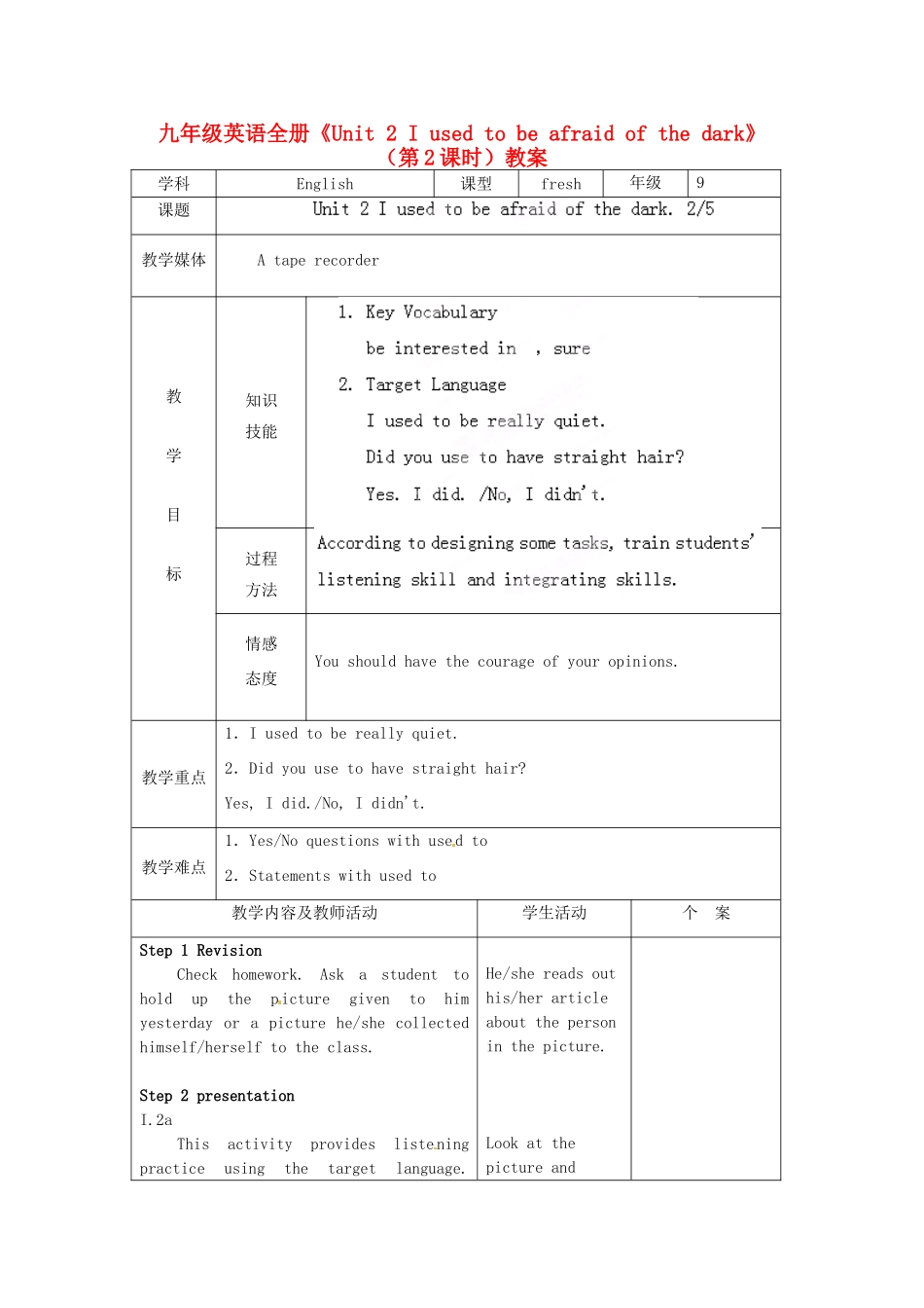 吉林省伊通县实验中学九年级英语全册《Unit 2 I used to be afraid of the dark》（第2课时）教案 人教新目标版_第1页
