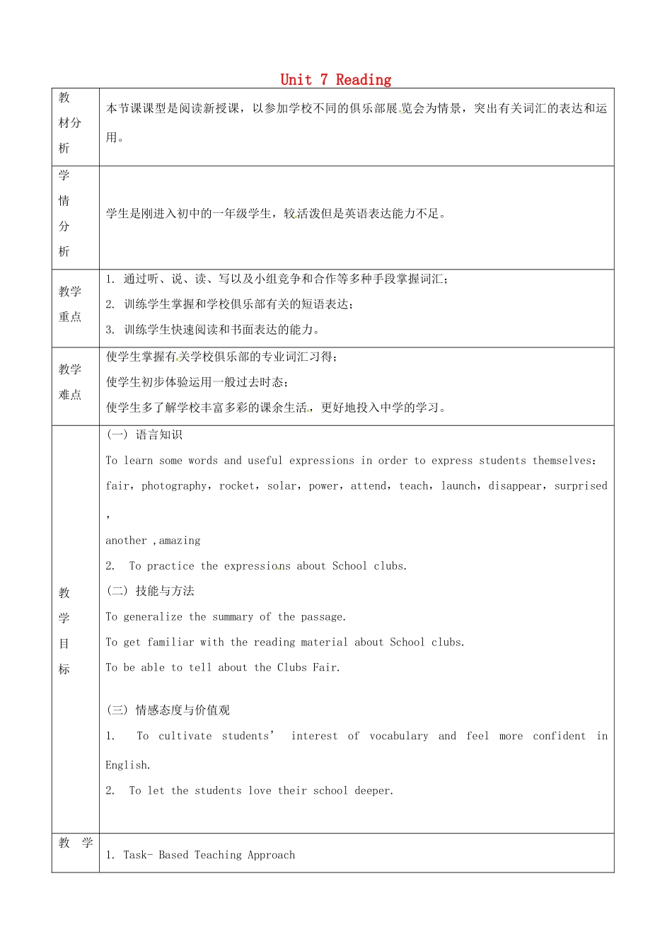 七年级英语上册 Unit 7 Reading教案 牛津深圳版-牛津深圳版初中七年级上册英语教案_第1页