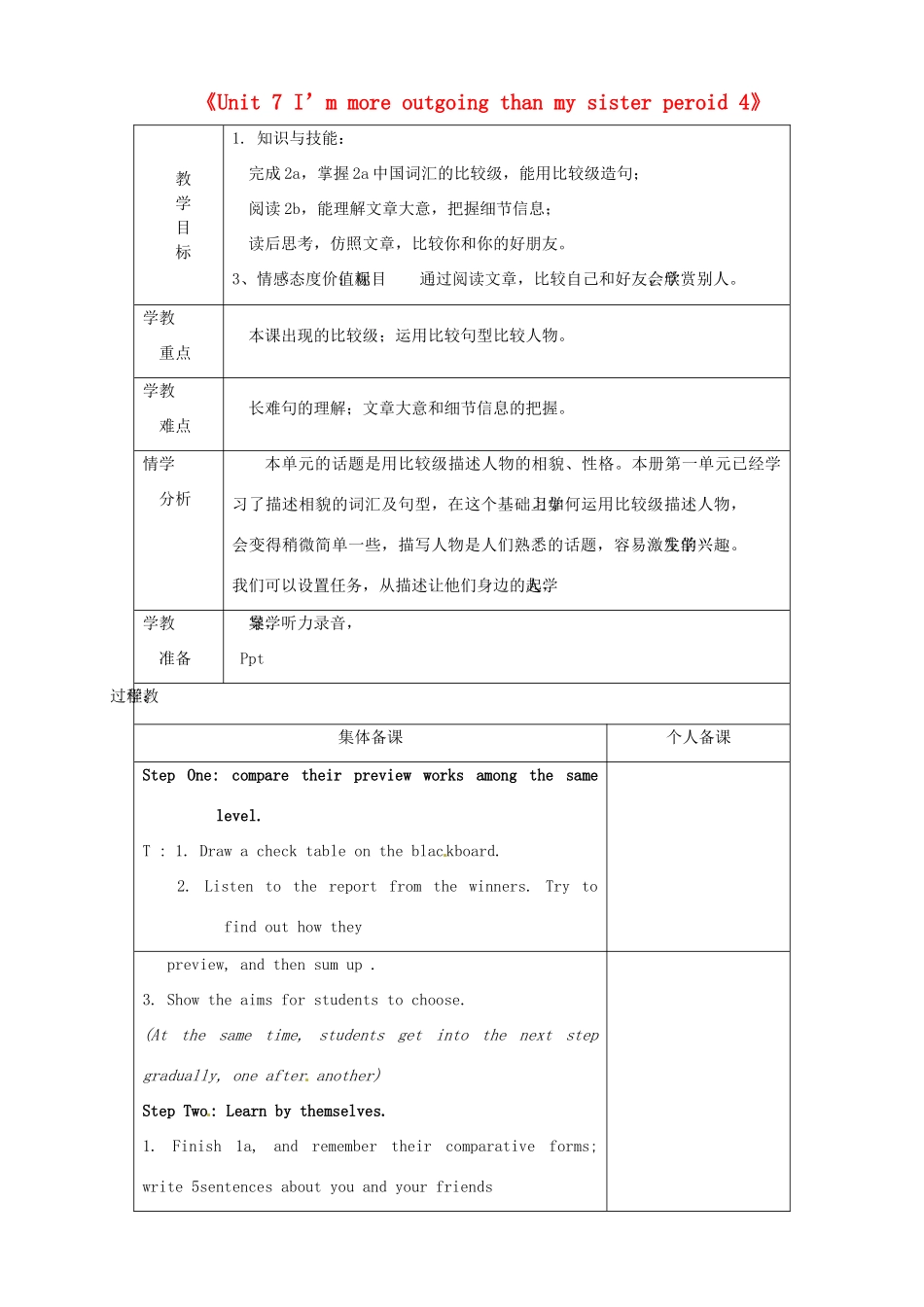七年级英语上册《Unit 7 I’m more outgoing than my sister period 4》教案 鲁教版五四制-鲁教版五四制初中七年级上册英语教案_第1页