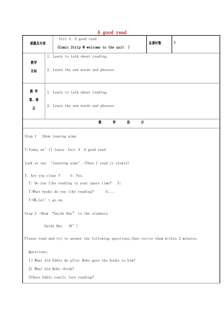 八年级英语下册 Unit 4 A good read Comic Strip  welcome to the unit教案 （新版）牛津版-（新版）牛津版初中八年级下册英语教案_第1页