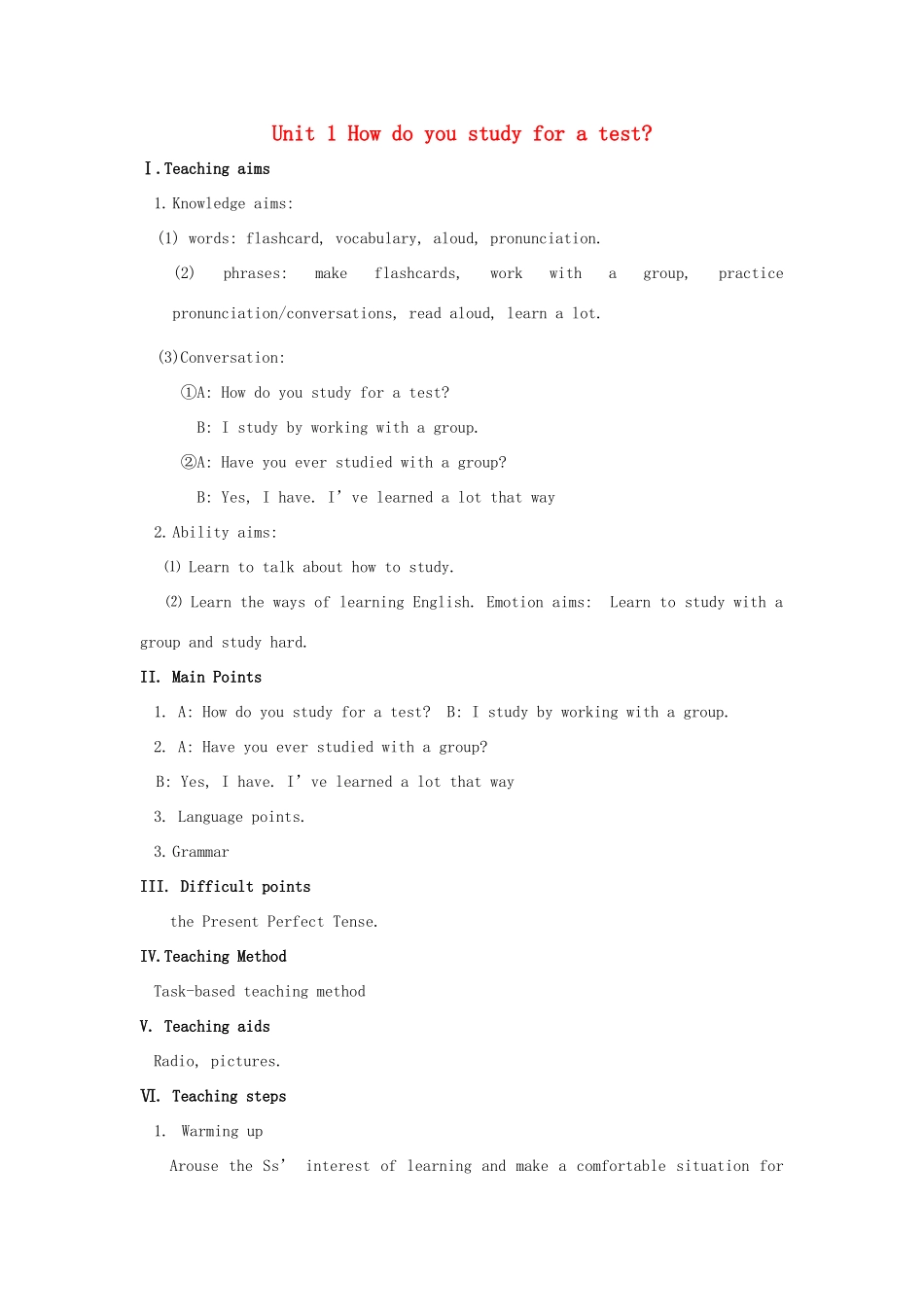 九年级英语 Unit 1 How do you study for a test单元精品教案 人教新目标版_第1页