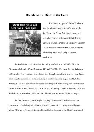 九年级英语Unit 8 文章 RecycleWorks Bike Re新人教版
