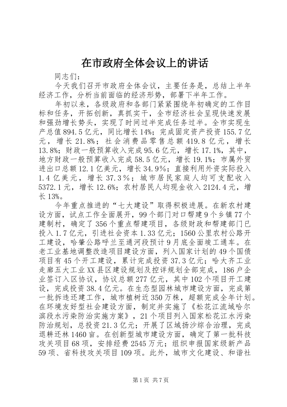 在市政府全体会议上的讲话发言_第1页