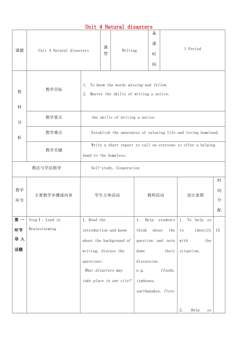 九年级英语下册 Module 2 Environmental problems  Unit 4 Natural disasters教案6 牛津深圳版-牛津深圳版初中九年级下册英语教案_第1页