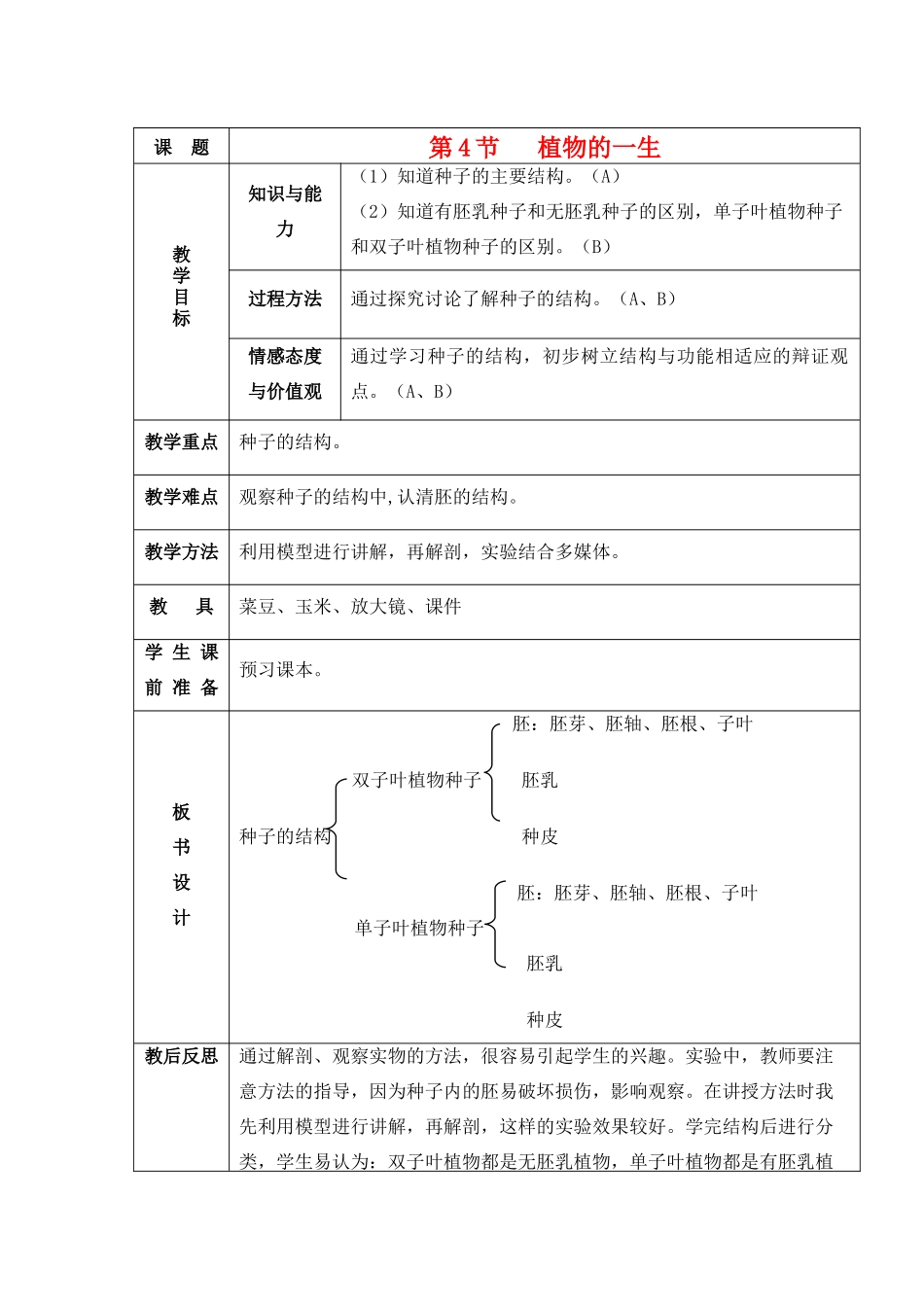 七年级科学下册 第一章 代代相传的生命 第4节 植物的一生名师教案  浙教版 _第1页