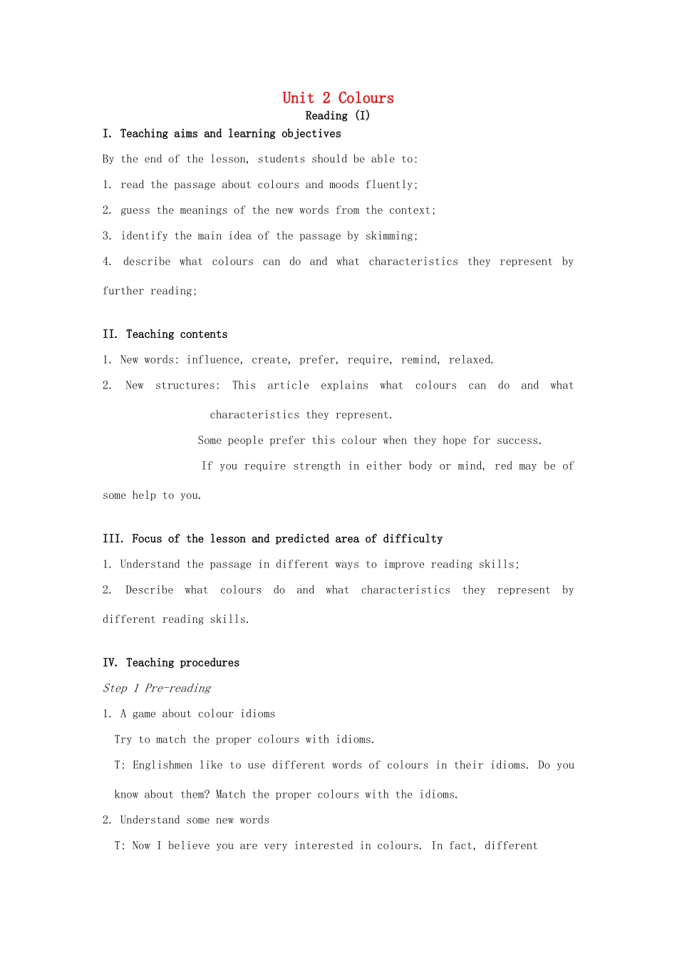 九年级英语上册 Unit 2 Colour Reading I教案 （新版）牛津版-（新版）牛津版初中九年级上册英语教案_第1页