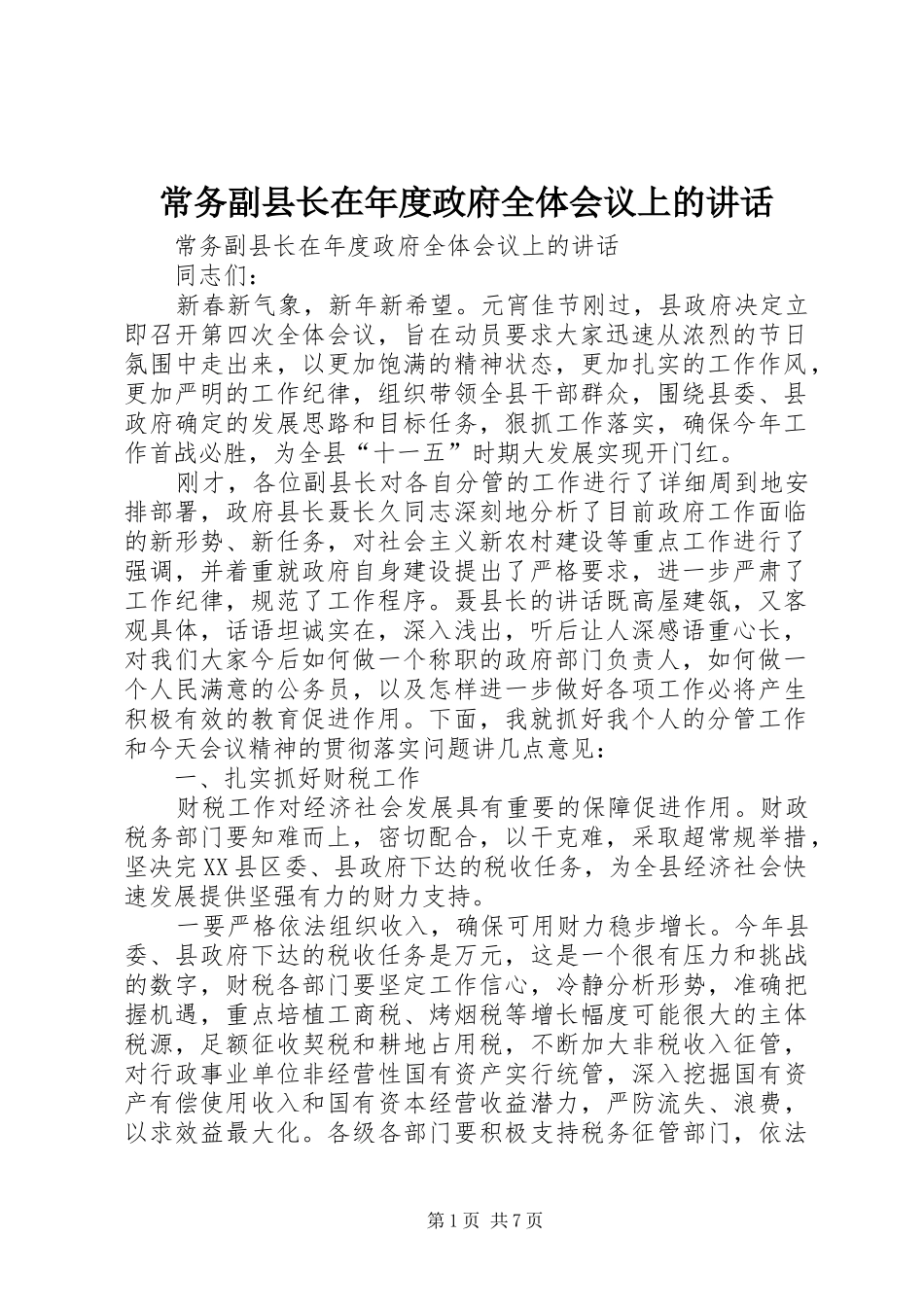 常务副县长在年度政府全体会议上的讲话发言_第1页