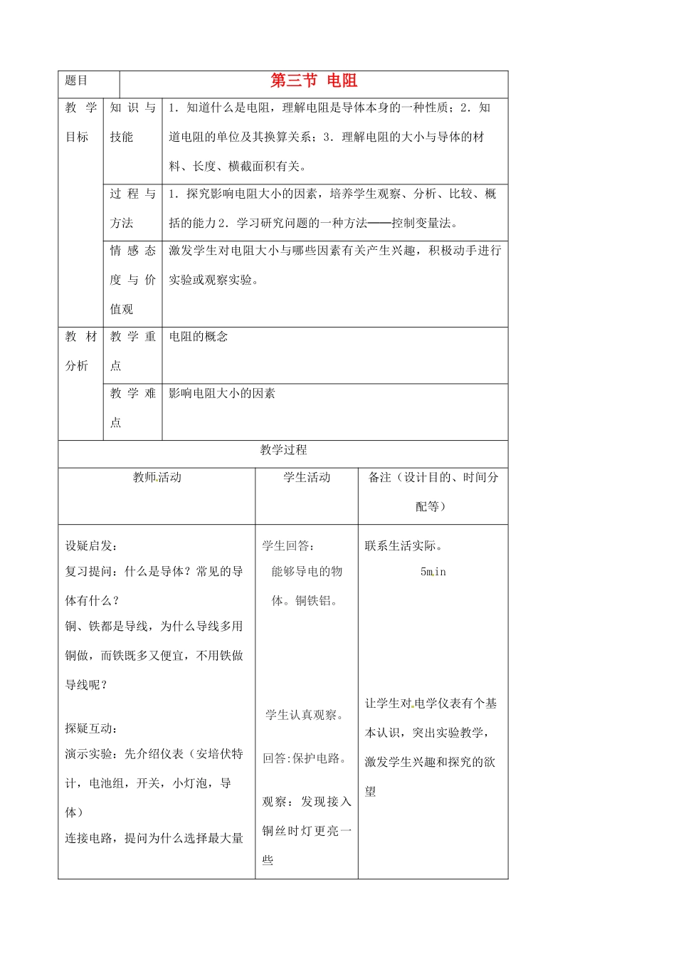吉林省四平市第十七中学九年级物理全册《16.3 电阻》教案1 （新版）新人教版_第1页