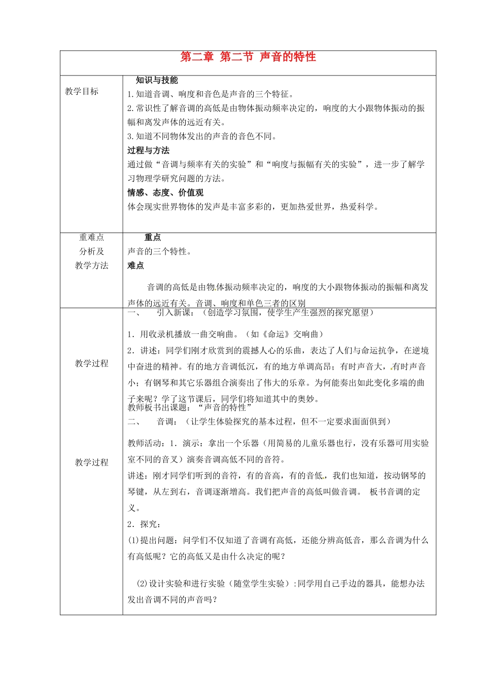八年级物理上册 第二章 第二节 声音的特性教案1 鲁教版五四制-鲁教版五四制初中八年级上册物理教案_第1页