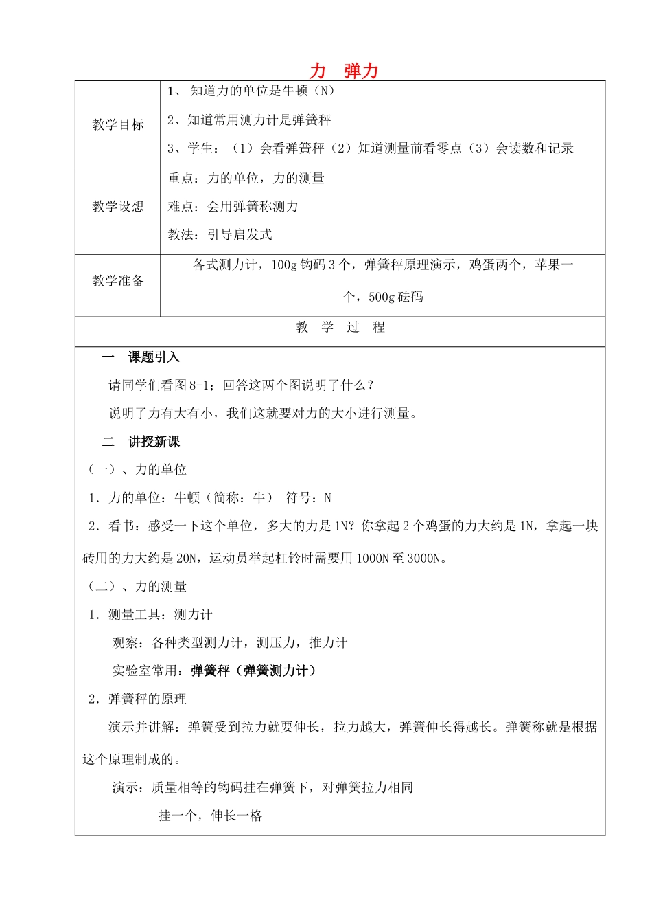 八年级物理下册 8.1 力 弹力教案 （新版）苏科版-（新版）苏科版初中八年级下册物理教案_第1页