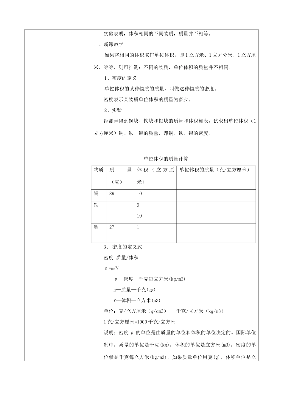 七年级科学上册 物质的密度教学设计 浙教版-浙教版初中七年级上册自然科学教案_第2页