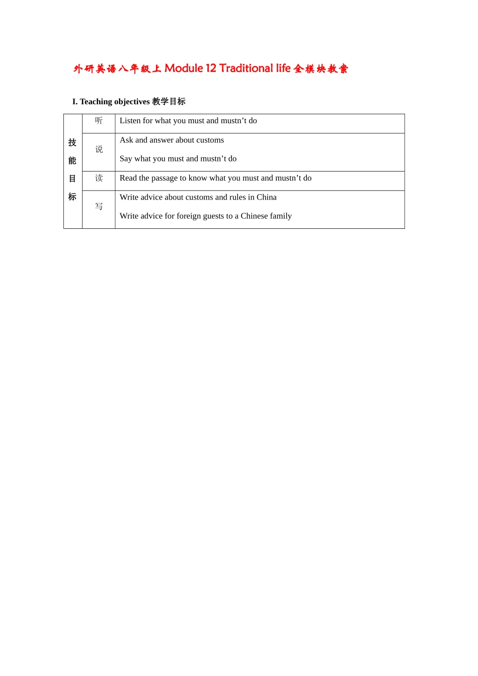八年级英语上Module 12 Traditional life全模块教案外研版_第1页