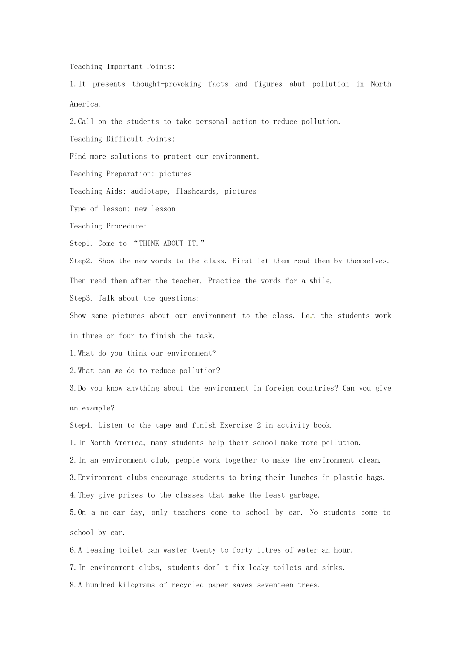 八年级英语下册 Unit 8 Save Our World全单元教案 冀教版_第3页
