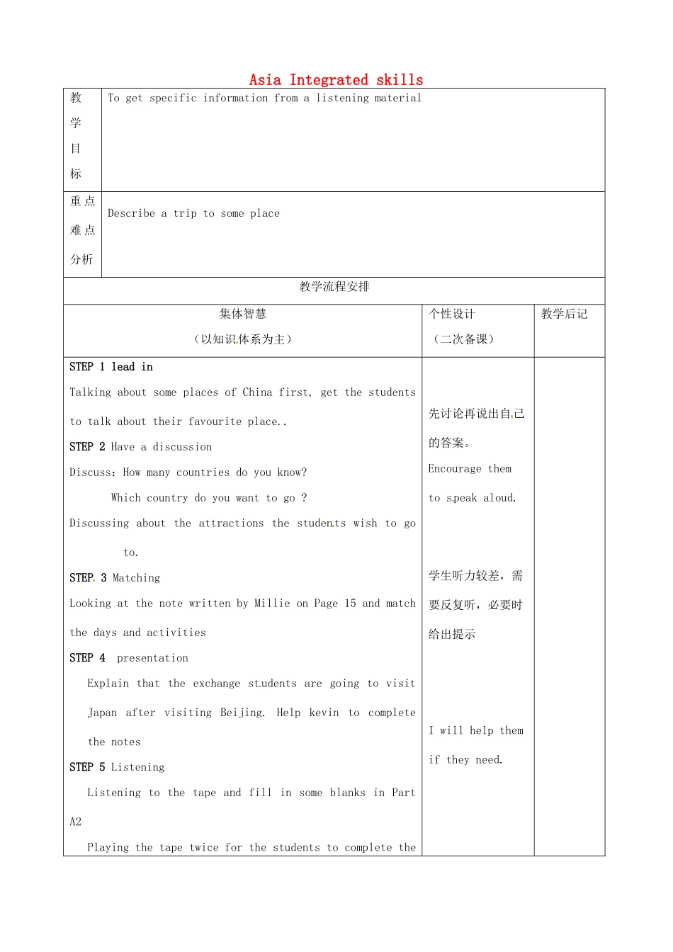 九年级英语下册 Unit 3 Asia Integrated skills教案 牛津版-牛津版初中九年级下册英语教案_第1页