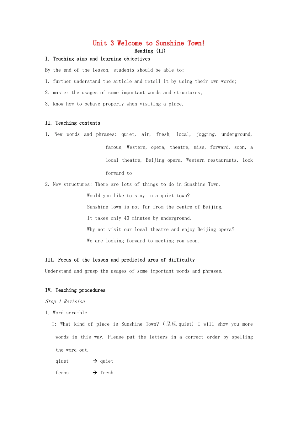 七年级英语下册 Unit 3 Welcome to Sunshine Town Reading II教案 （新版）牛津版-（新版）牛津版初中七年级下册英语教案_第1页