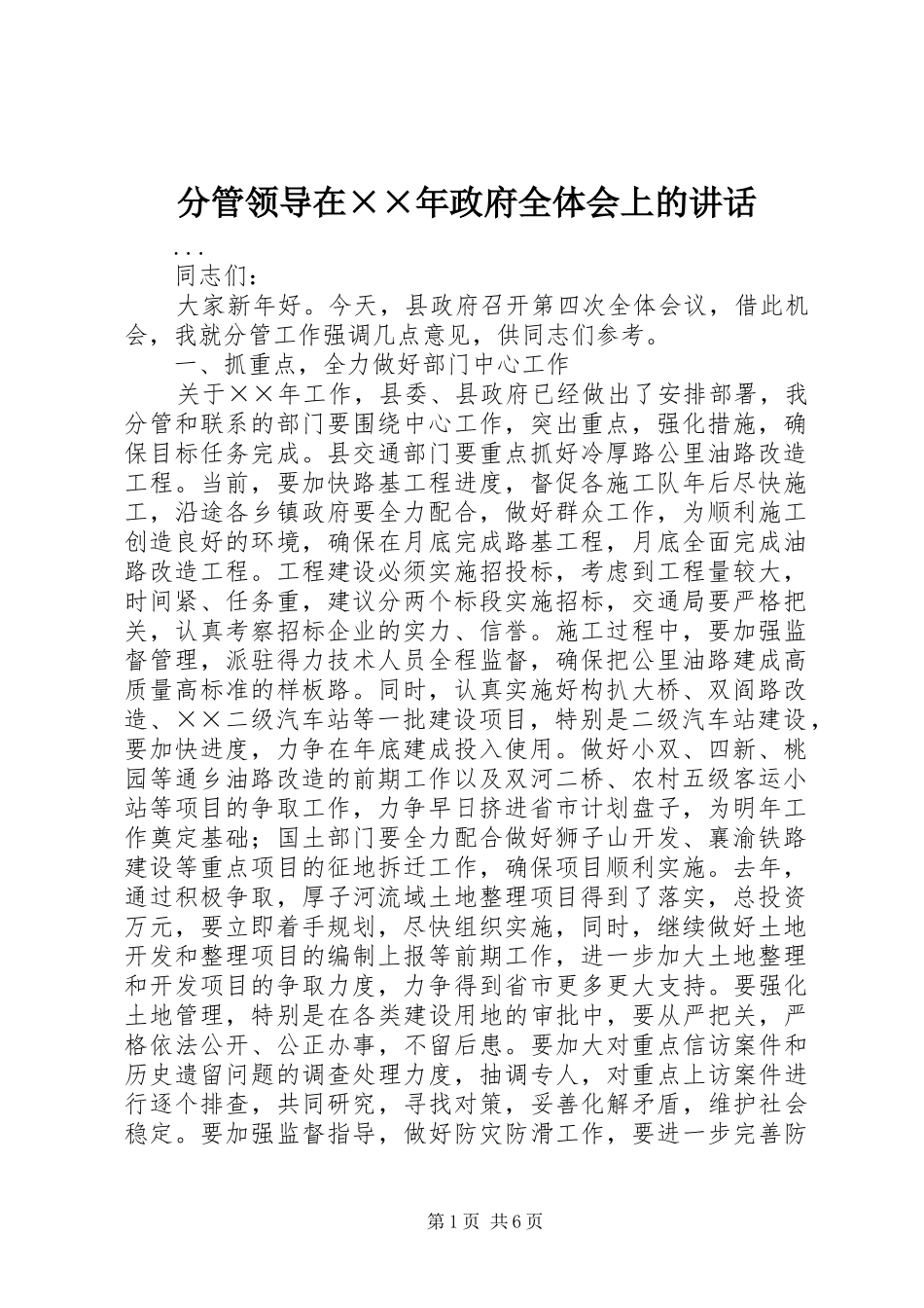 分管领导在××年政府全体会上的讲话发言_第1页