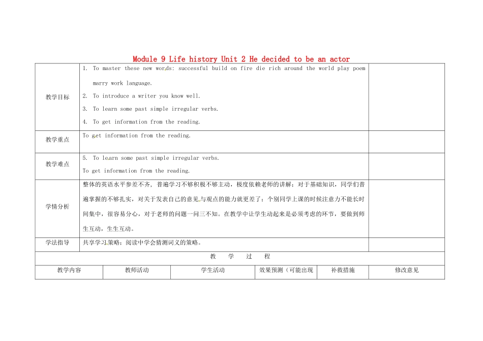 四川省华蓥市明月镇七年级英语下册 Module 9 Life history Unit 2 He decided to be an actor教案 （新版）外研版_第1页