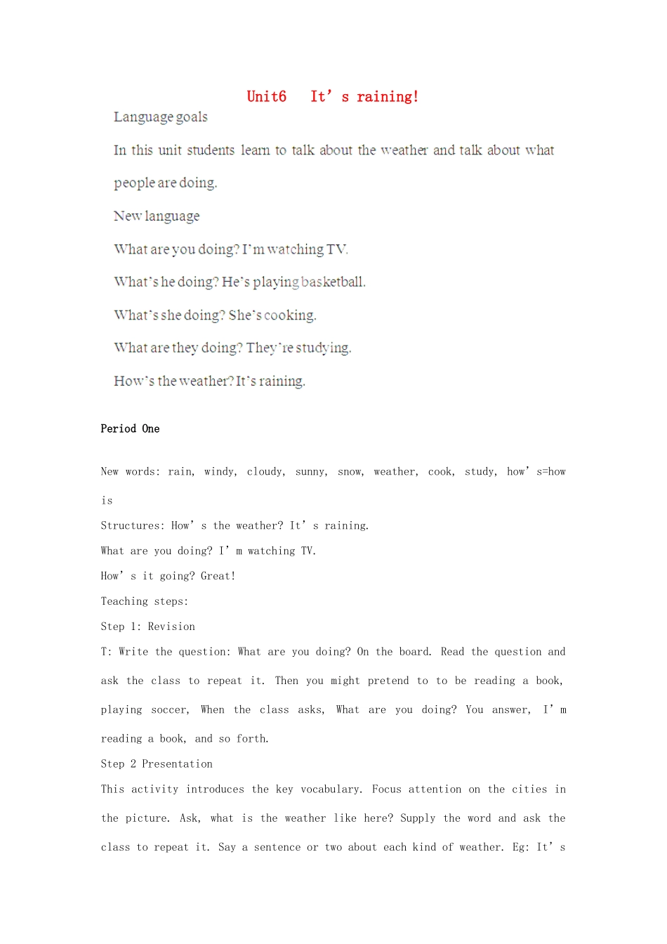 四川省江油市七年级英语下册《unit6It’s raining!》教案 Unit6 (1) 人教新目标版_第1页